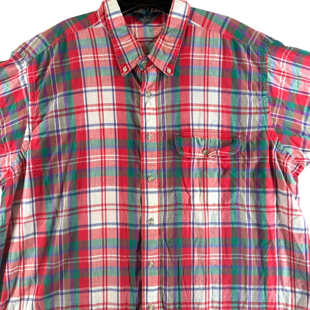 Vintage 90s Woolrich Plaid Button Down XL Redโ Green Short Sleeve Cotton 0442